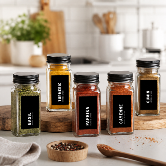 Pots à épices avec étiquettes
