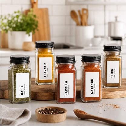 Spice jars with labels